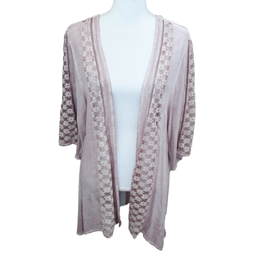 GOOD LUCK GEM Floral Lace Inset Kimono Cover-up Size M Pink Open Front